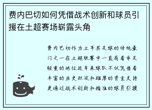 费内巴切如何凭借战术创新和球员引援在土超赛场崭露头角