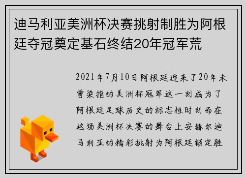 迪马利亚美洲杯决赛挑射制胜为阿根廷夺冠奠定基石终结20年冠军荒