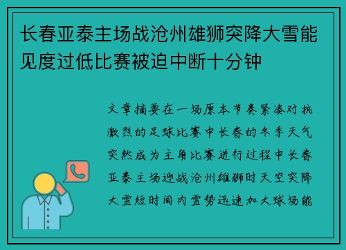 长春亚泰主场战沧州雄狮突降大雪能见度过低比赛被迫中断十分钟