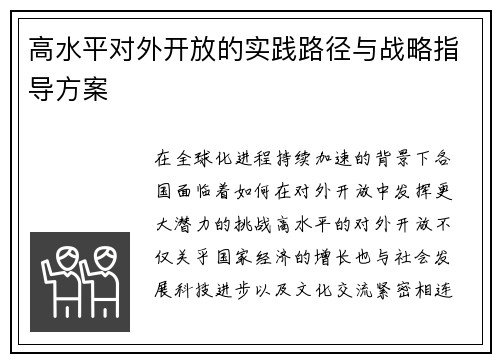 高水平对外开放的实践路径与战略指导方案