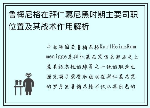 鲁梅尼格在拜仁慕尼黑时期主要司职位置及其战术作用解析